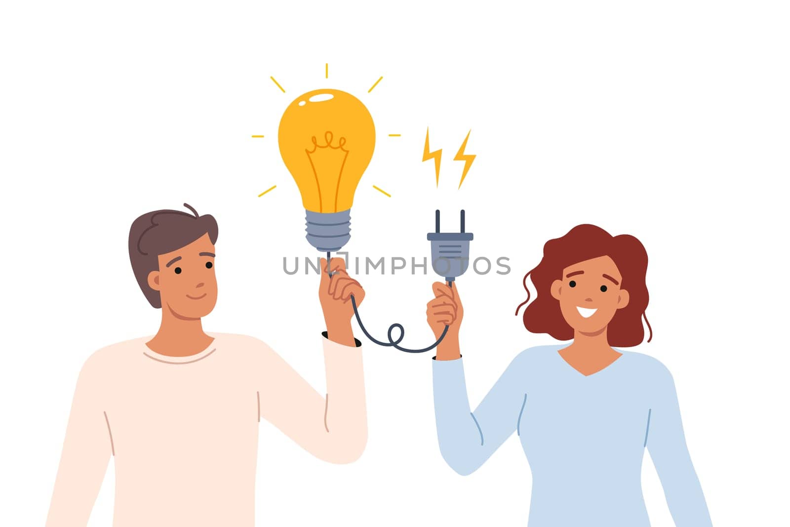 Synergy to find brilliant idea for man and woman holding giant light bulb with socket in hands. Synergy effect appeared due to collaboration of two office employees who developed startup