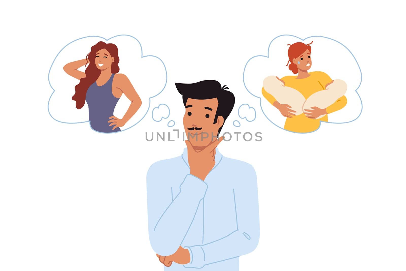Love triangle between man cheating on disappointed wife with babies in arms, with young lover. Love triangle among guy and two girls symbolizes lack of moral guidelines in society.