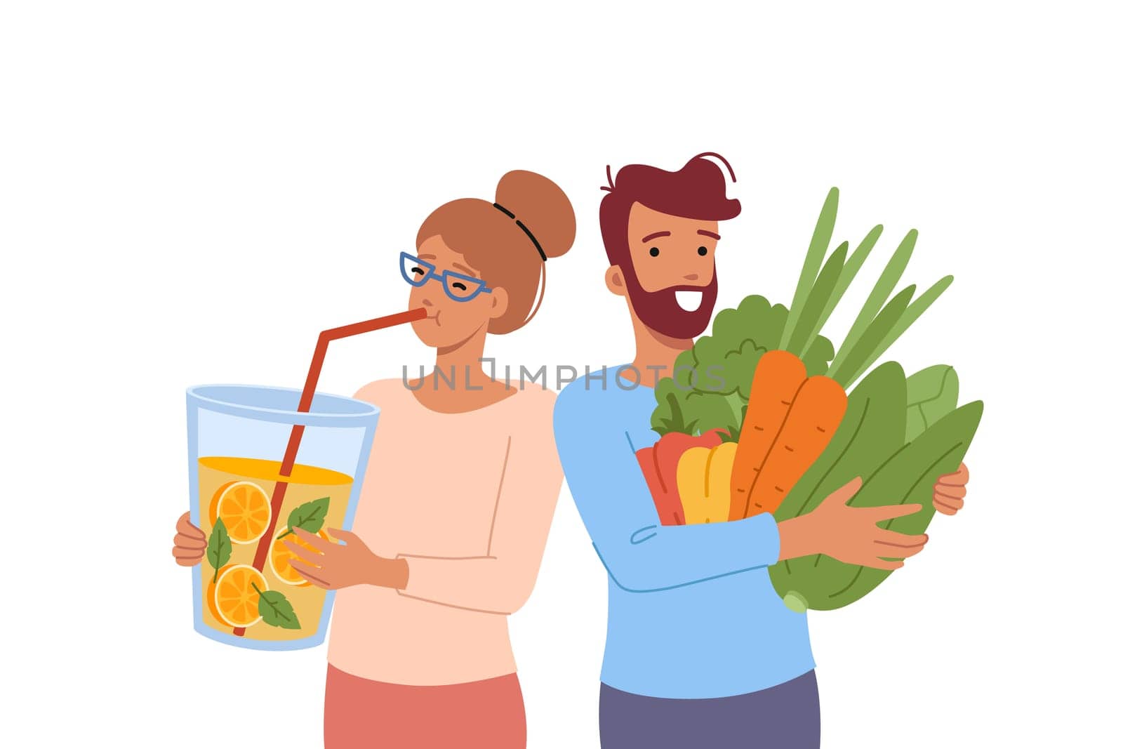 Vegan man and woman are passionate about raw food diet, and keep fresh juice or organic vegetables. Two vegans or vegetarians enjoying life and taste of healthy, fat-free ingredients