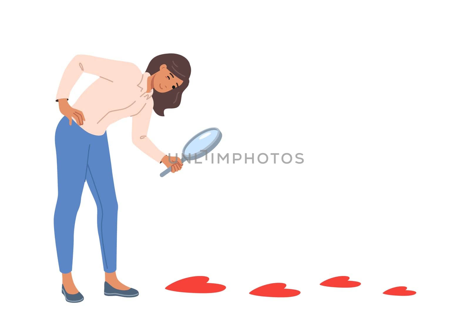 Woman searching for boyfriend and follows trail of hearts on ground, holding magnifying glass