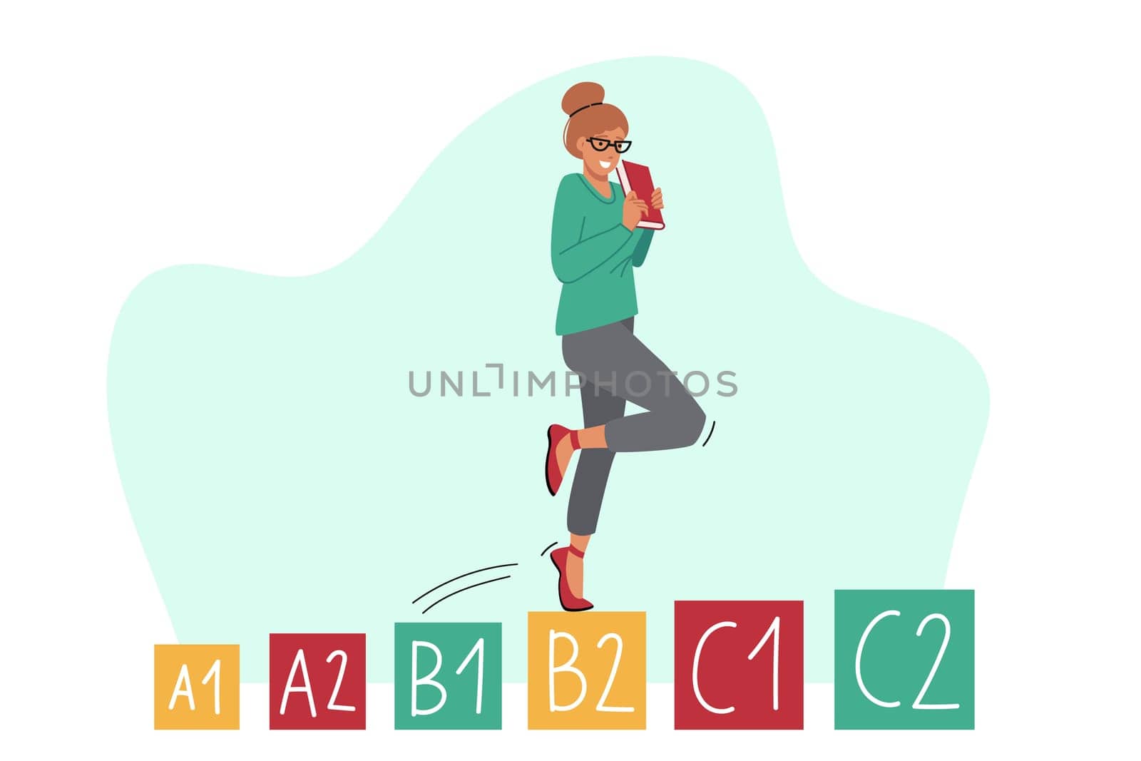 Woman studies english and makes progress, walking up steps symbolizing level of knowledge. Concept of teaching english language for admission to ivy league university and obtaining quality education