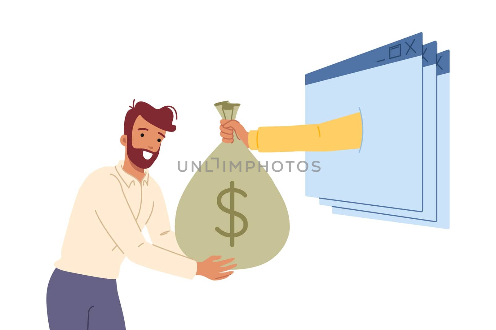 Man makes money on internet, and receives bag of dollars from hand sticking out of computer windows. Guy makes money from freelancing and online business thanks to good knowledge of technology