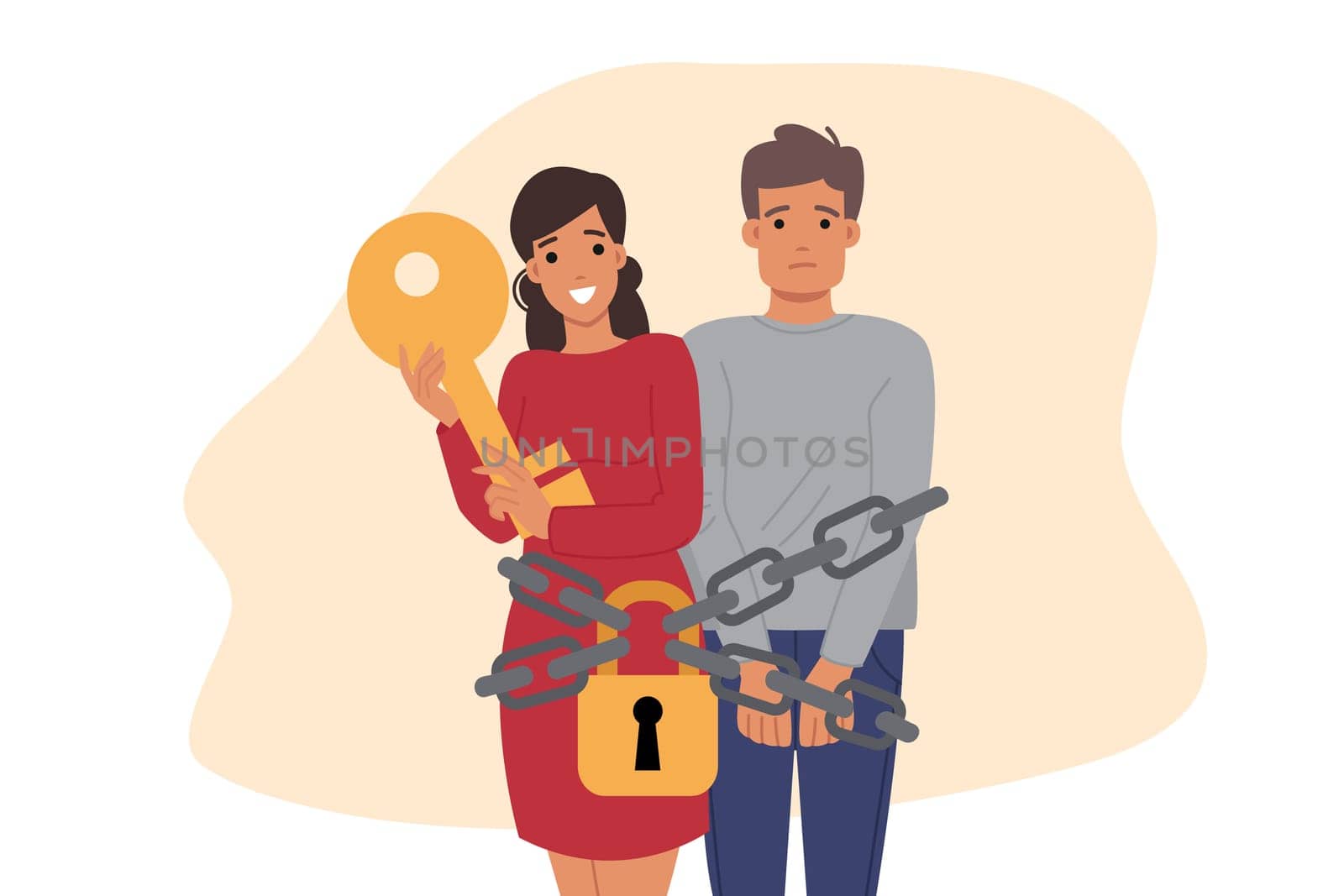 Husband became hostage in marriage due to bad wife who chained loved one in order to preserve relationship. Problem of toxic relationship and lack of desire to continue family life together