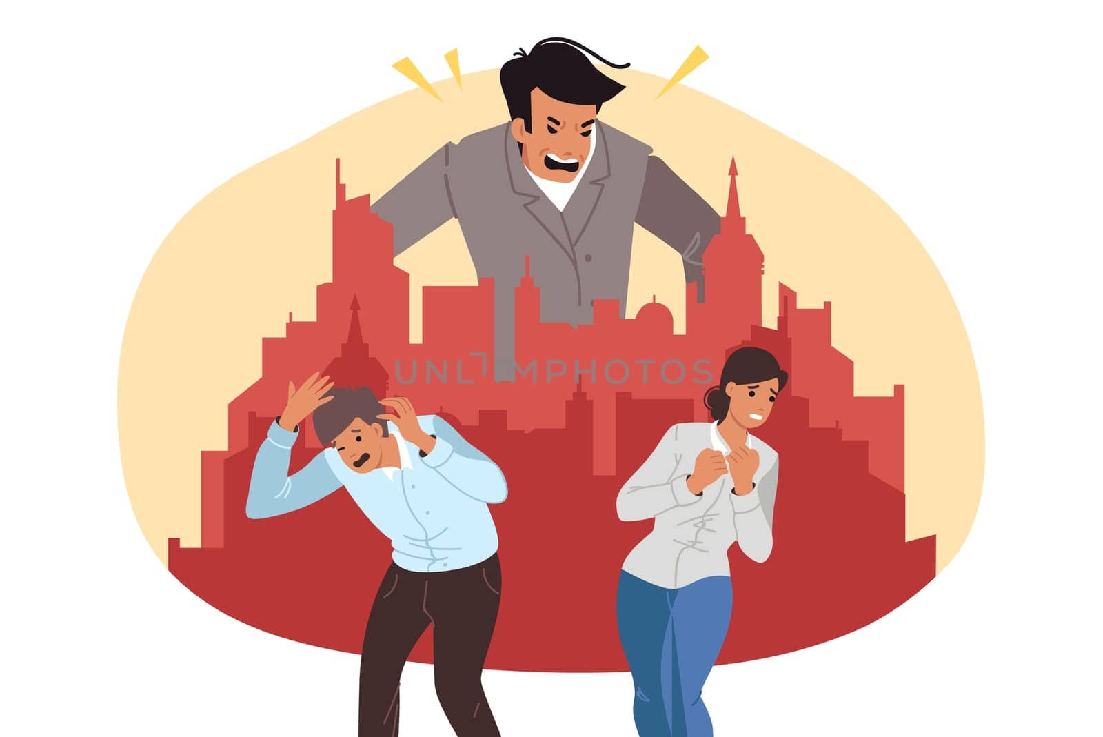 Angry and powerful boss scolds subordinates because of mistake and broken contract. Giant boss over small town and panicking employees who need union protection to avoid losing jobs.