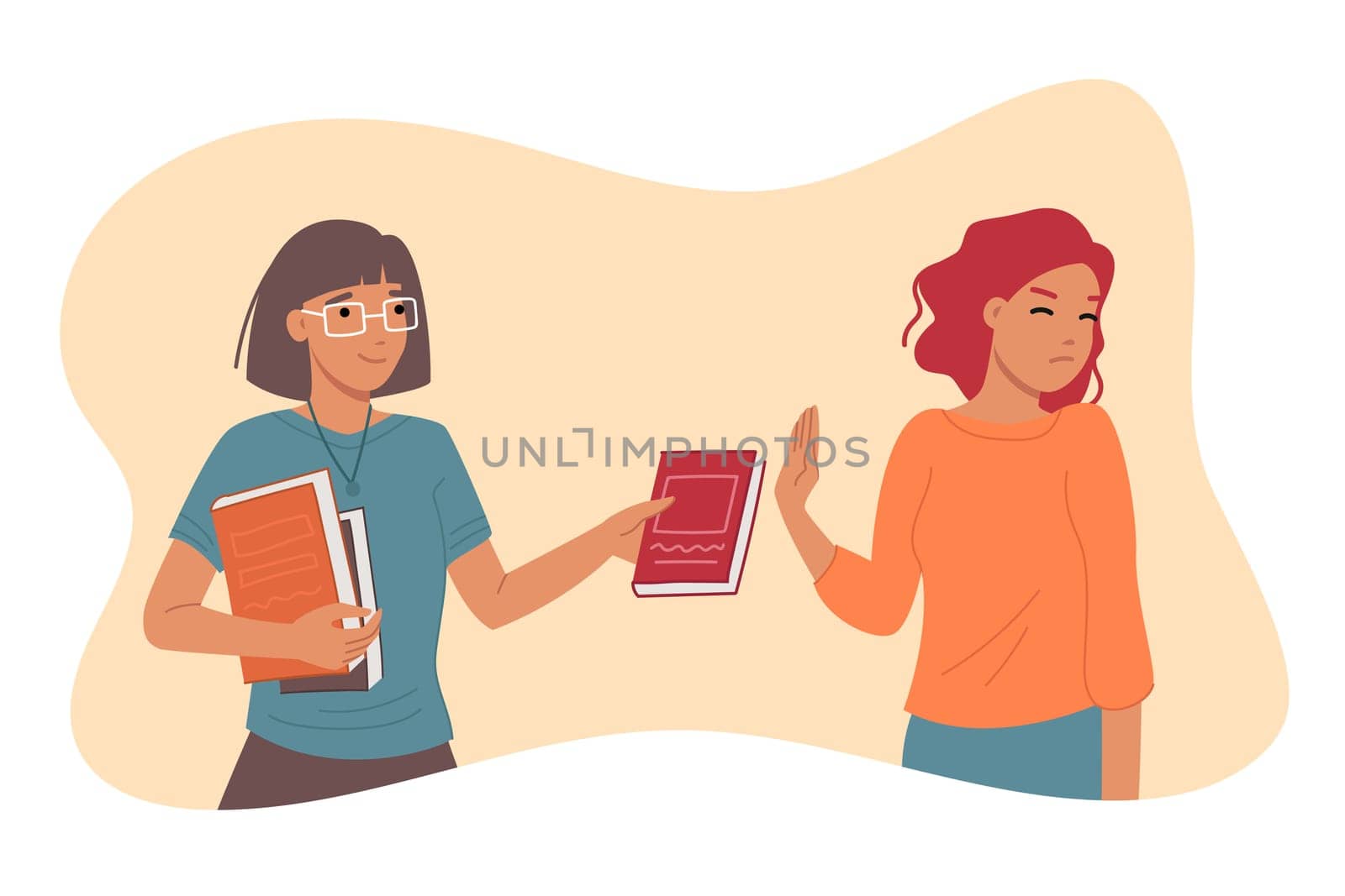 Woman student refuses to read book suggested by teacher to improve knowledge and prepare for exam. Girl does not want to read fiction due to lack of outlook and motivation for development