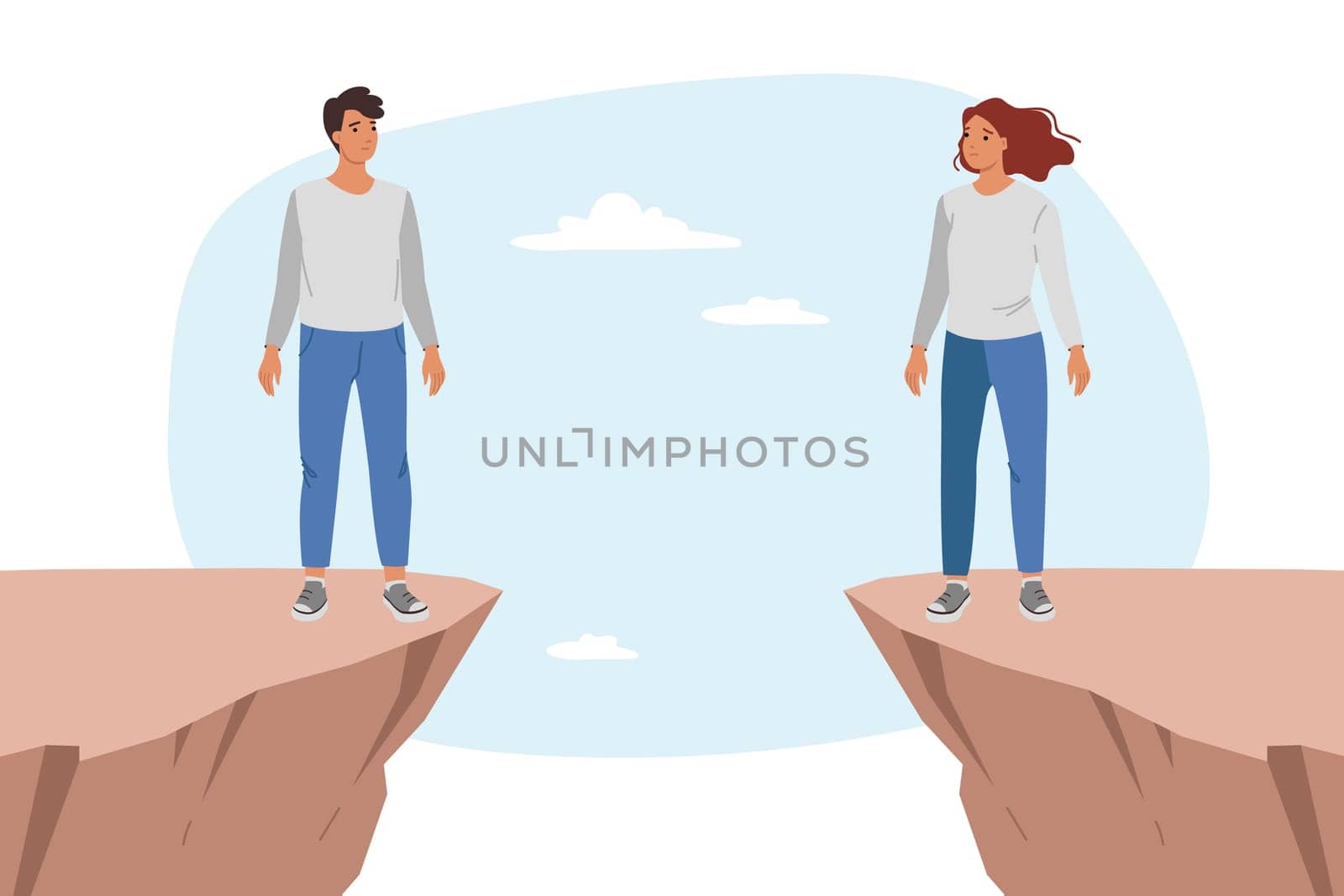 Love at distance between man and woman feeling stressed and standing on different rocks. Love at distance is demonstrated by young couple maintaining relationship during business trip or emigration