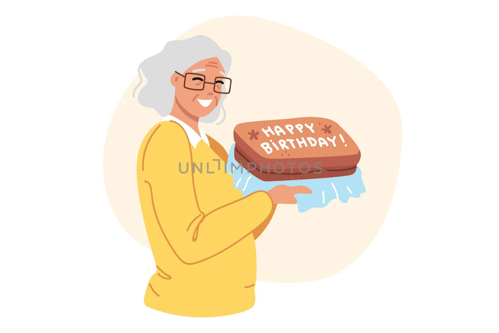 Birthday cake in hands of happy elderly woman celebrating centenary and rejoicing in congratulations from family. Grandma birthday ready to receive gifts and listen to compliments.