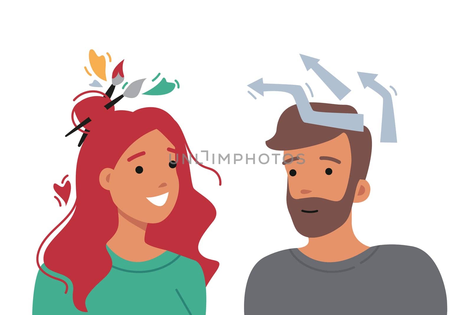 People with analytical and creative minds stand side by side using differences in thinking to brainstorm. Joint brainstorm between guy with strategic plans and girl with abstract desires