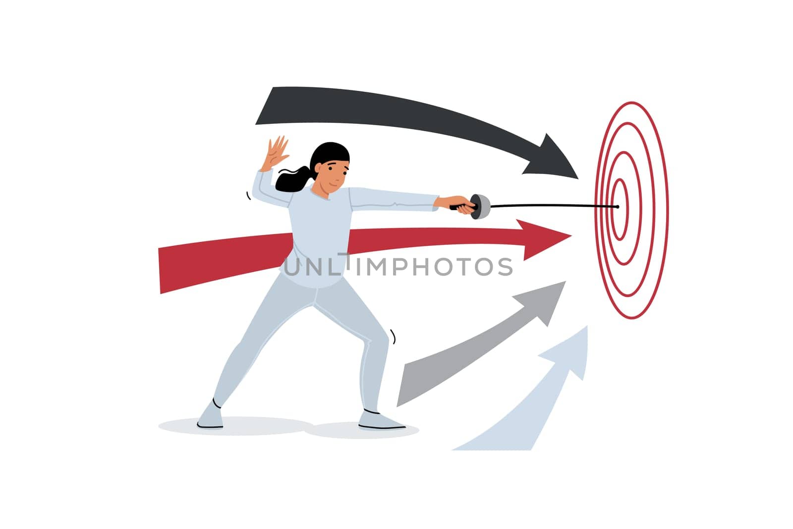 Purposeful woman hits target with rapier, demonstrating accuracy and skills in using edged weapons. Purposeful girl athlete preparing for competition to become winner at international olympiad