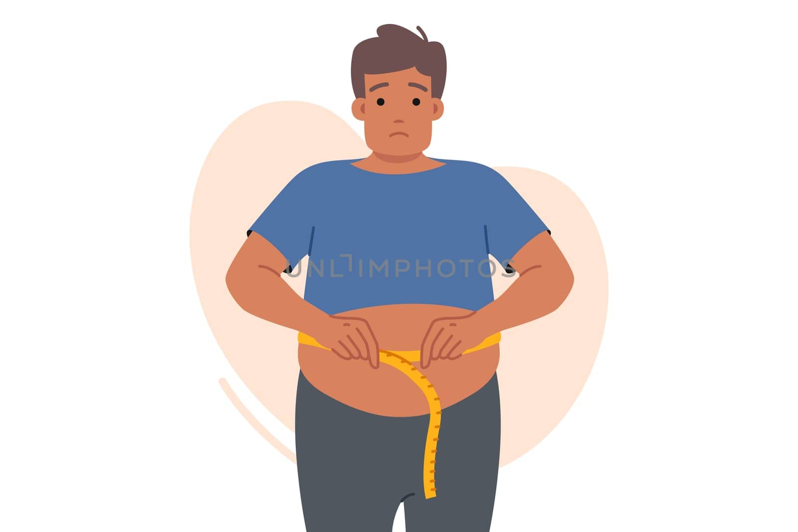 Fat man suffering from obesity measures waist and sadly looks at screen, looking for help. Problem of obesity upsets guy who does not follow diet due to lack of willpower and motivation