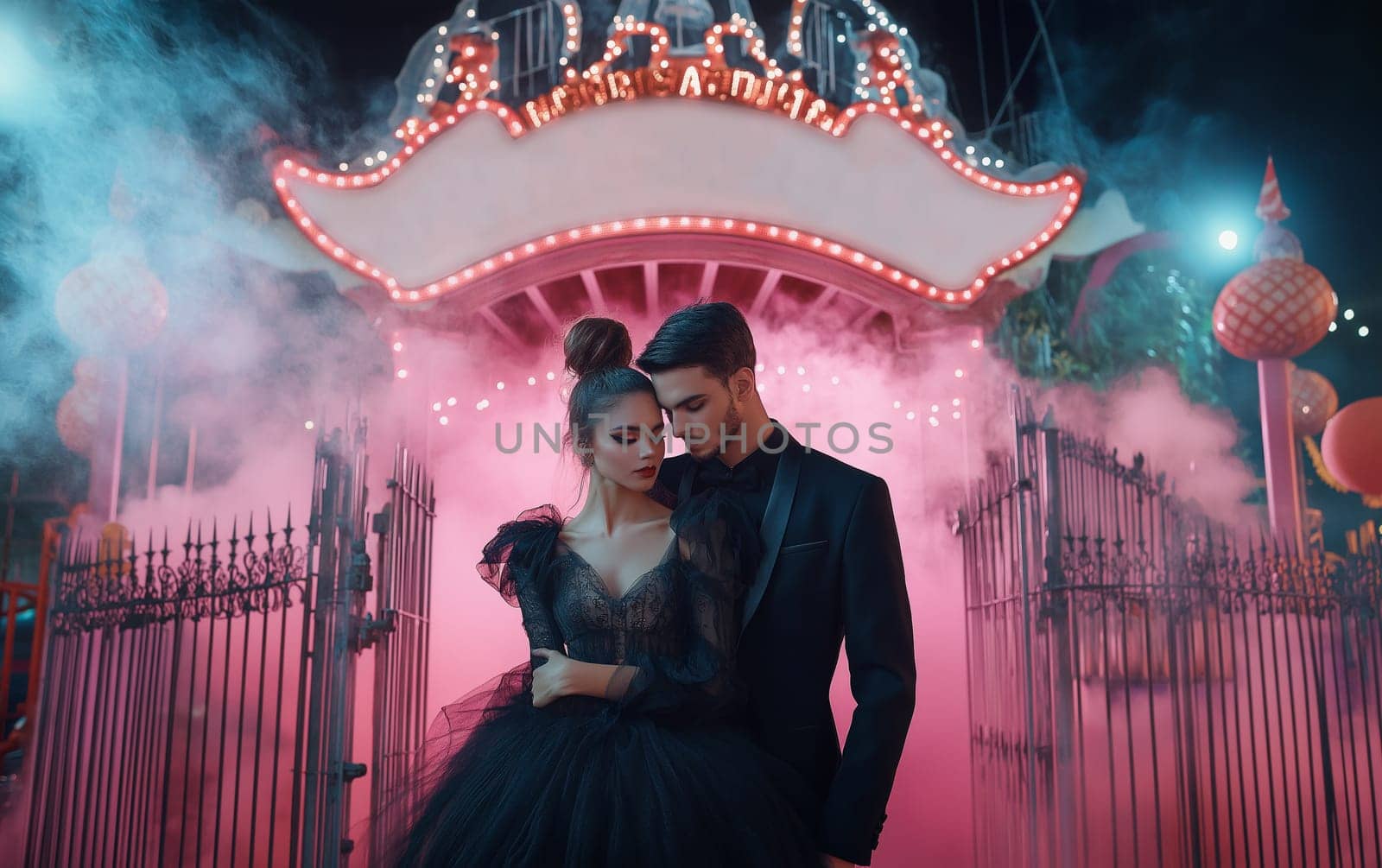 Handsome man and elegant woman in a dress in a classic interior. Halloween party carnival concept. space for text