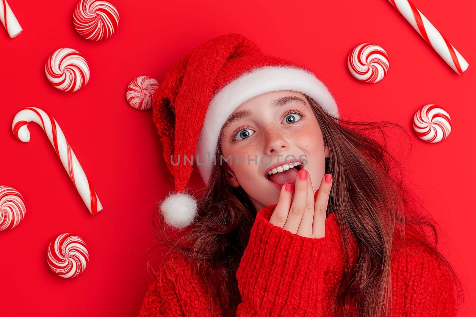 Cute little girl in red sweater and Santa Claus hat with candy canes on red background