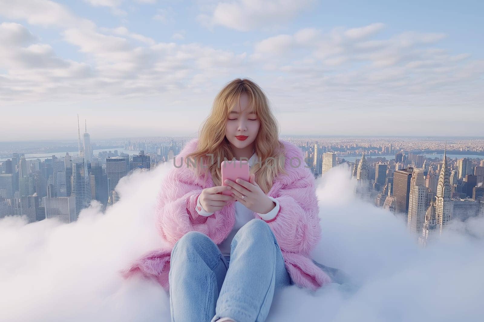 A woman is sitting on a cloud playing with her phone, with a city in the background. space for text