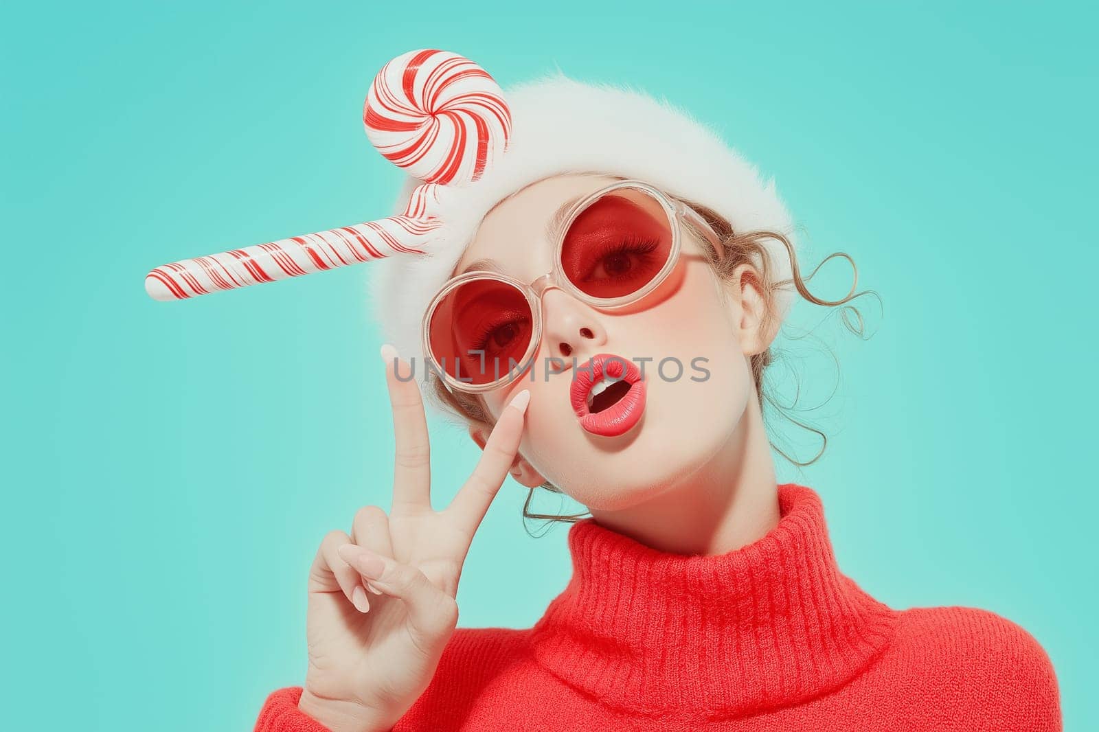 Cute little girl in red sweater and Santa Claus hat with candy canes on red background