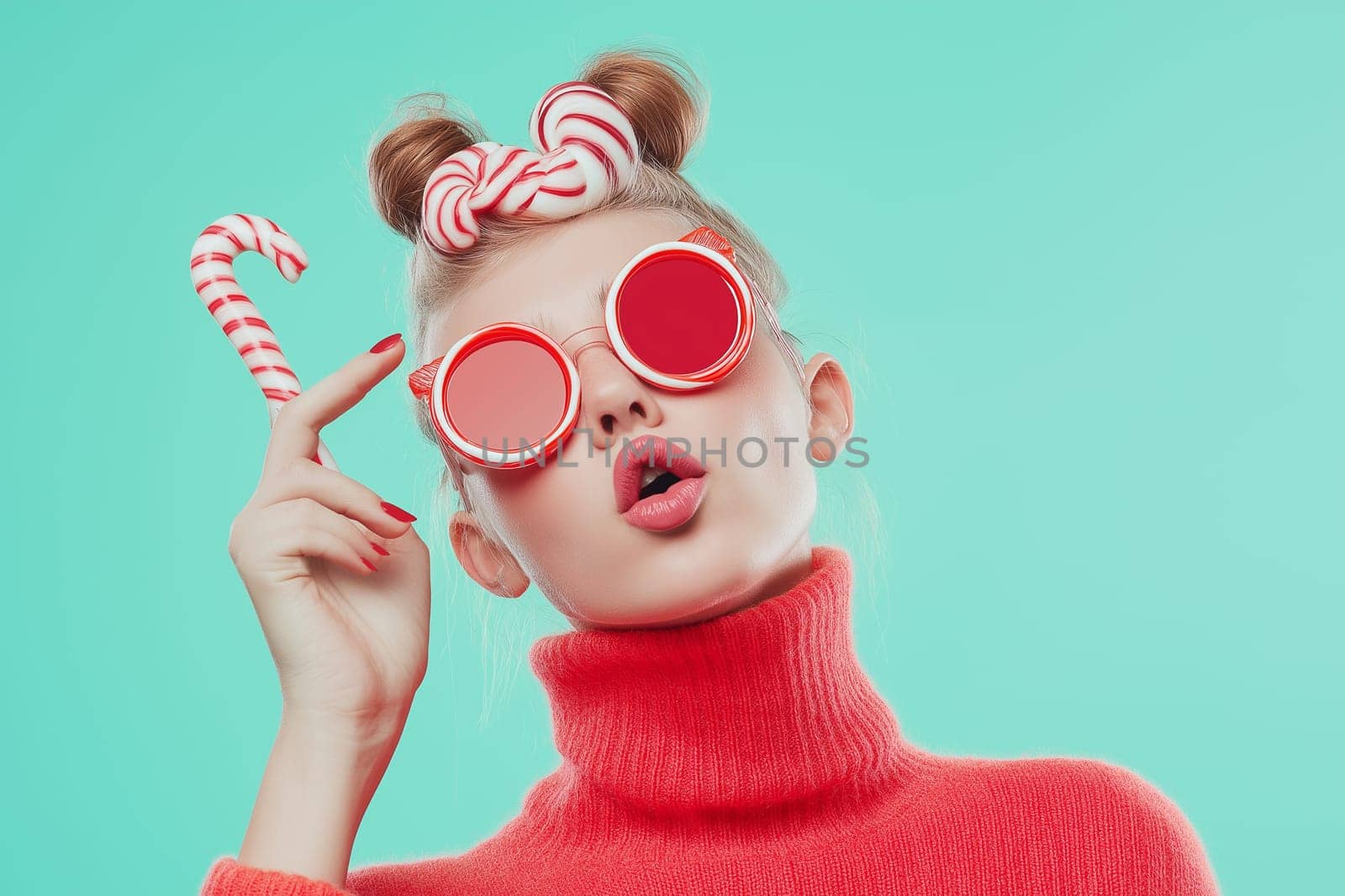 Cute little girl in red sweater and Santa Claus hat with candy canes on red background
