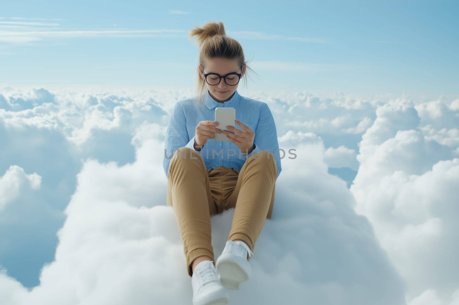 A woman is sitting on a cloud playing with her phone, with a city in the background. space for text