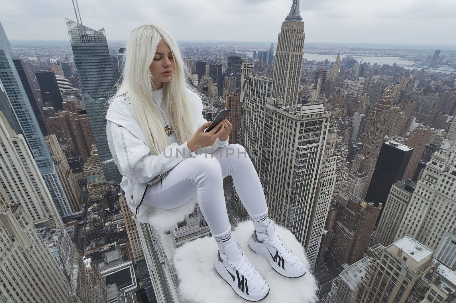 A woman is sitting on a cloud playing with her phone, with a city in the background. space for text