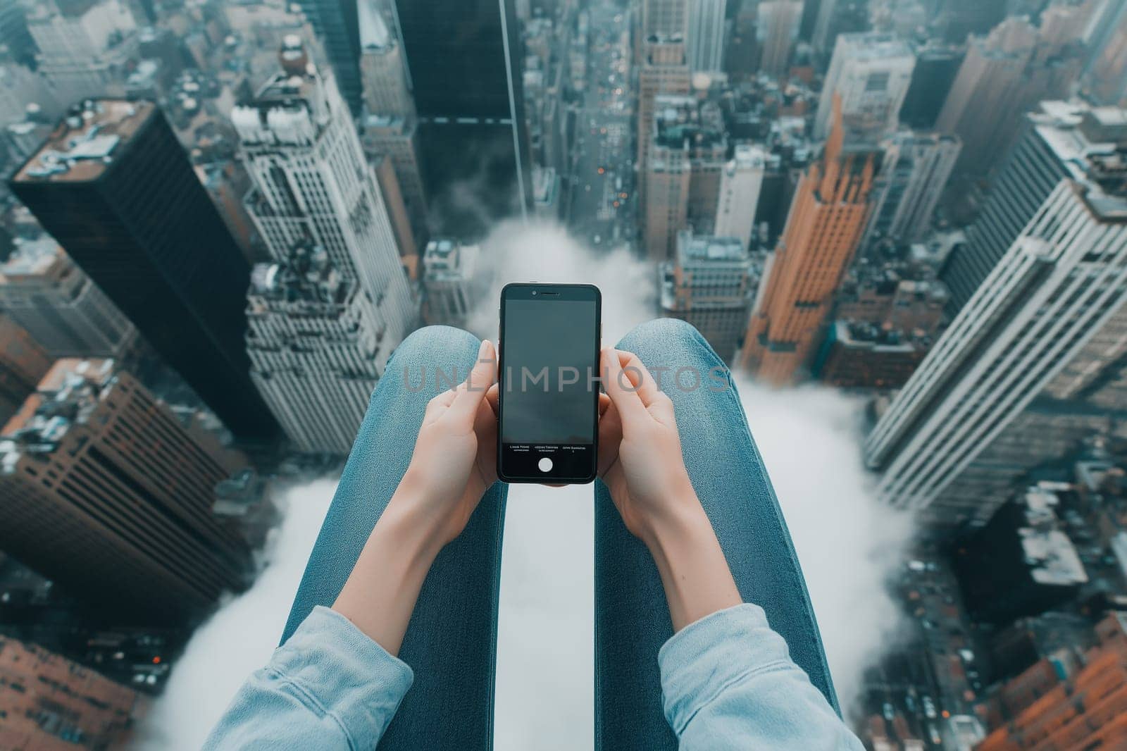 A woman is sitting on a cloud playing with her phone, with a city in the background. space for text