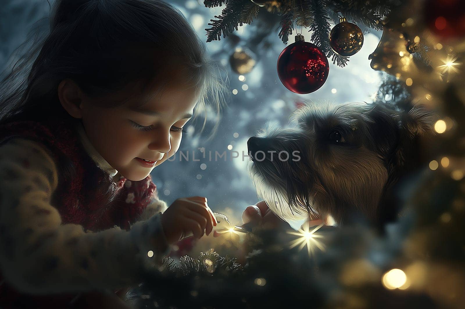 Little girl playing with dog, happy on Christmas Day