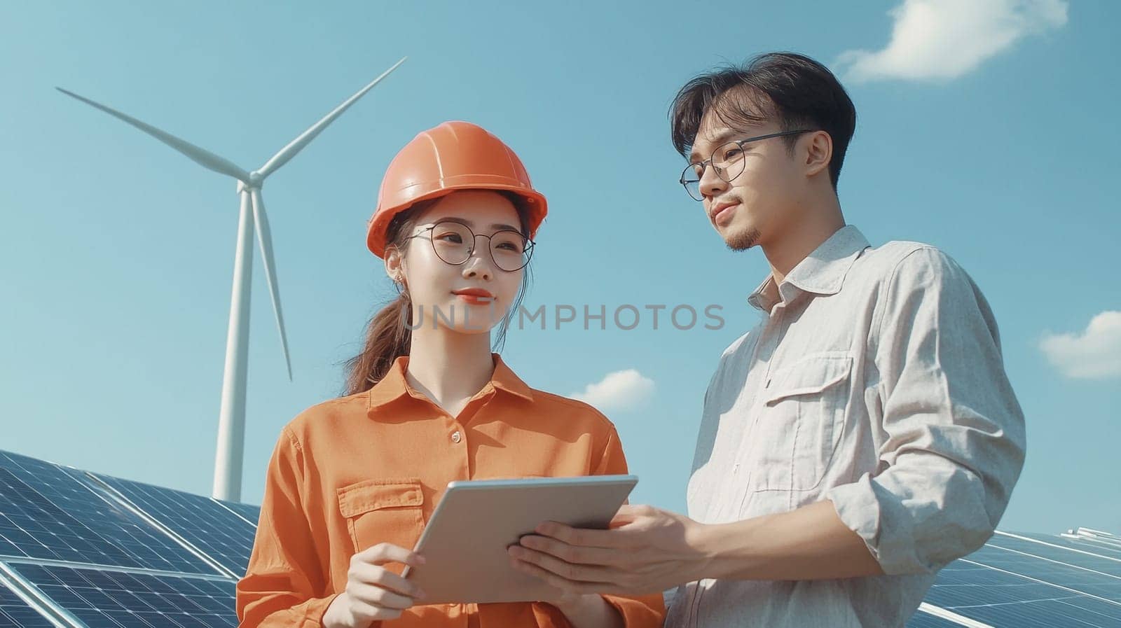 professional engineers, ready to check the maintenance of tablets, install solar panels on the factory roof under sunlight, the team of engineers surveyed and inspected the solar panel roof, the concept of clean energy, save the world