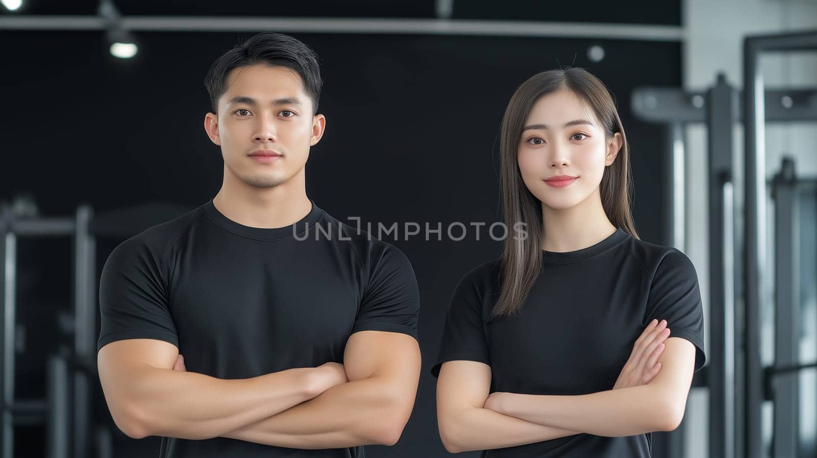 Fitness trainer, young muscular man, two female athletes, isolated on a plain yellow background. Sporty workout concept.