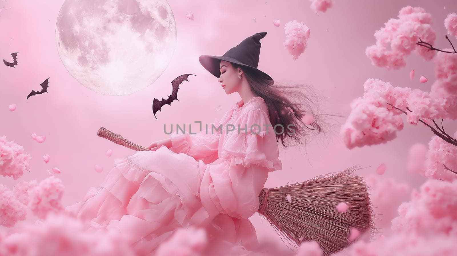 A young woman dressed as a witch is flying in the sky on a broomstick surrounded by flowers