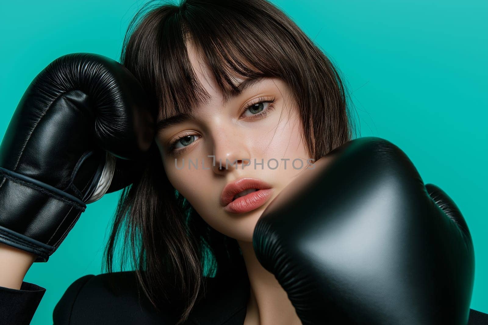 A businessman in boxing gloves with a bruised face from fighting. The idea is to overcome obstacles, not give up, until achieving success.