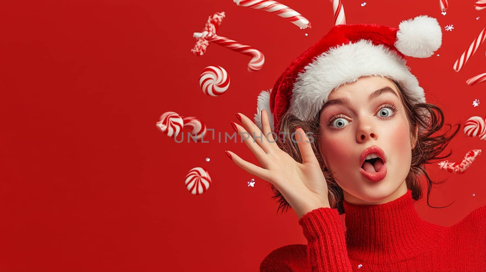 Cute little girl in red sweater and Santa Claus hat with candy canes on red background