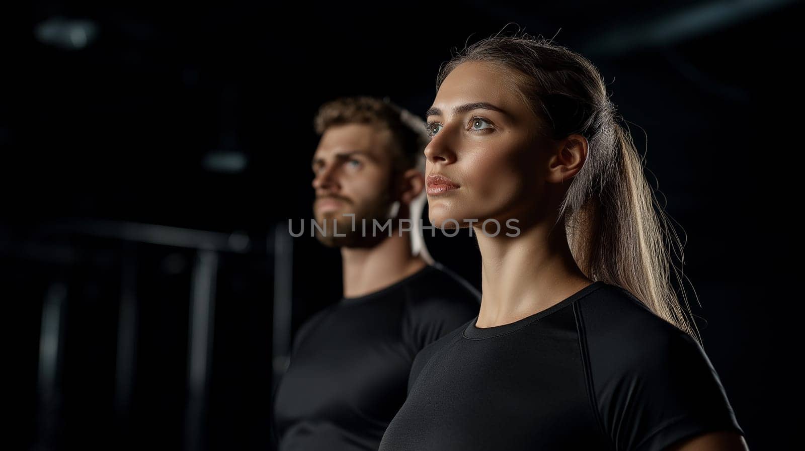 Fitness trainer, young muscular man, two female athletes, isolated on a plain yellow background. Sporty workout concept.