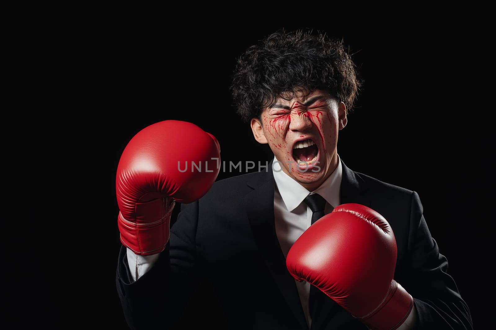 A businessman in boxing gloves with a bruised face from fighting. The idea is to overcome obstacles, not give up, until achieving success.