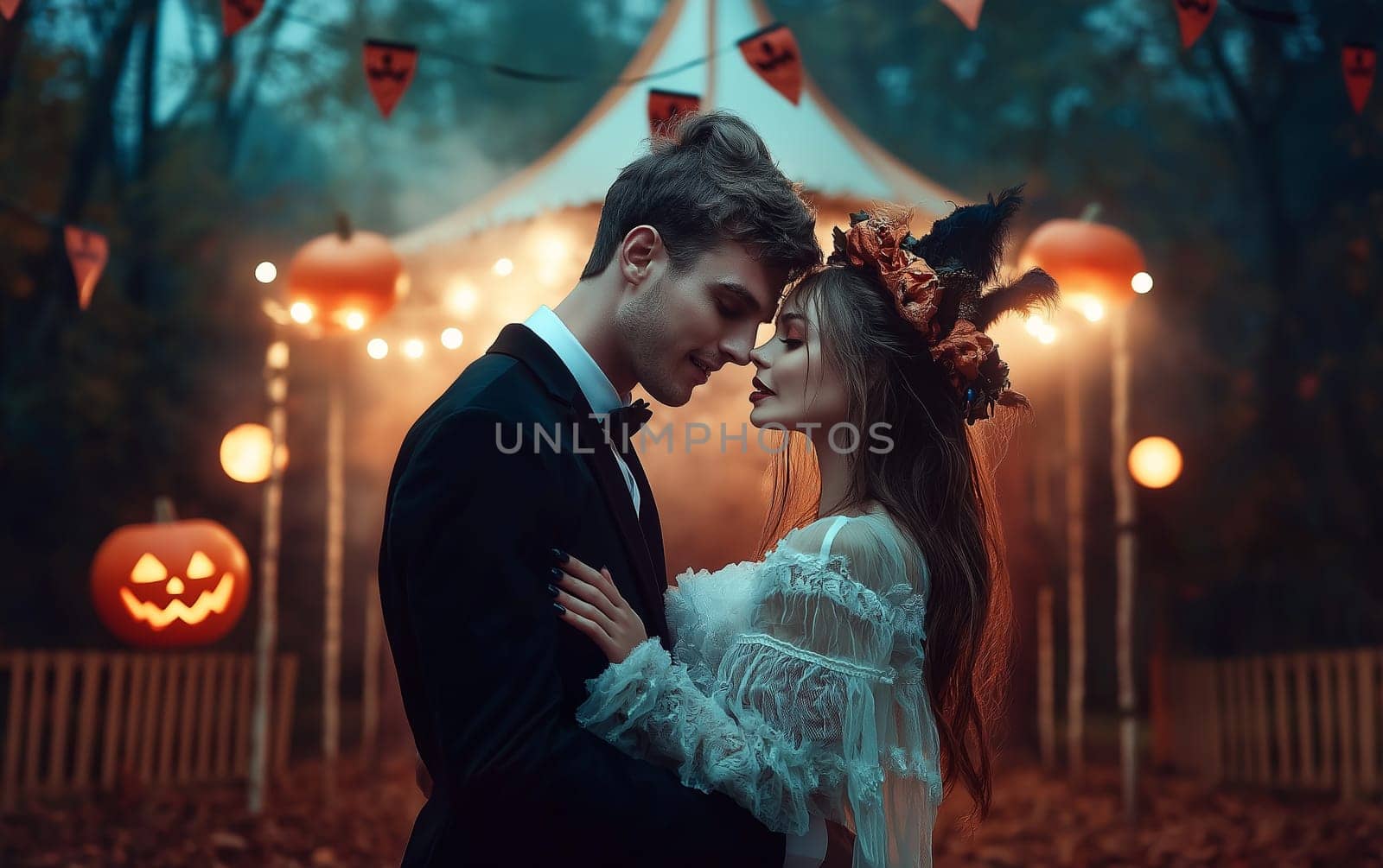Handsome man and elegant woman in a dress in a classic interior. Halloween party carnival concept.