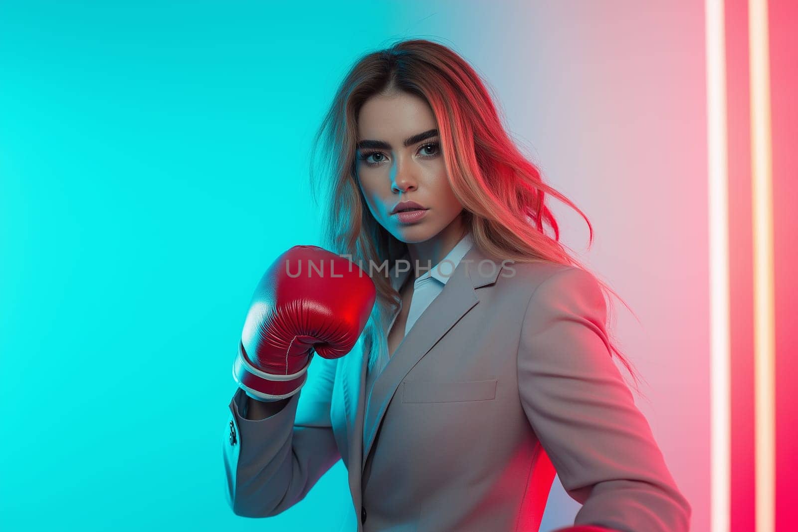 A A businesswoman in boxing gloves with a bruised face from fighting. The idea is to overcome obstacles, not give up, until achieving success.