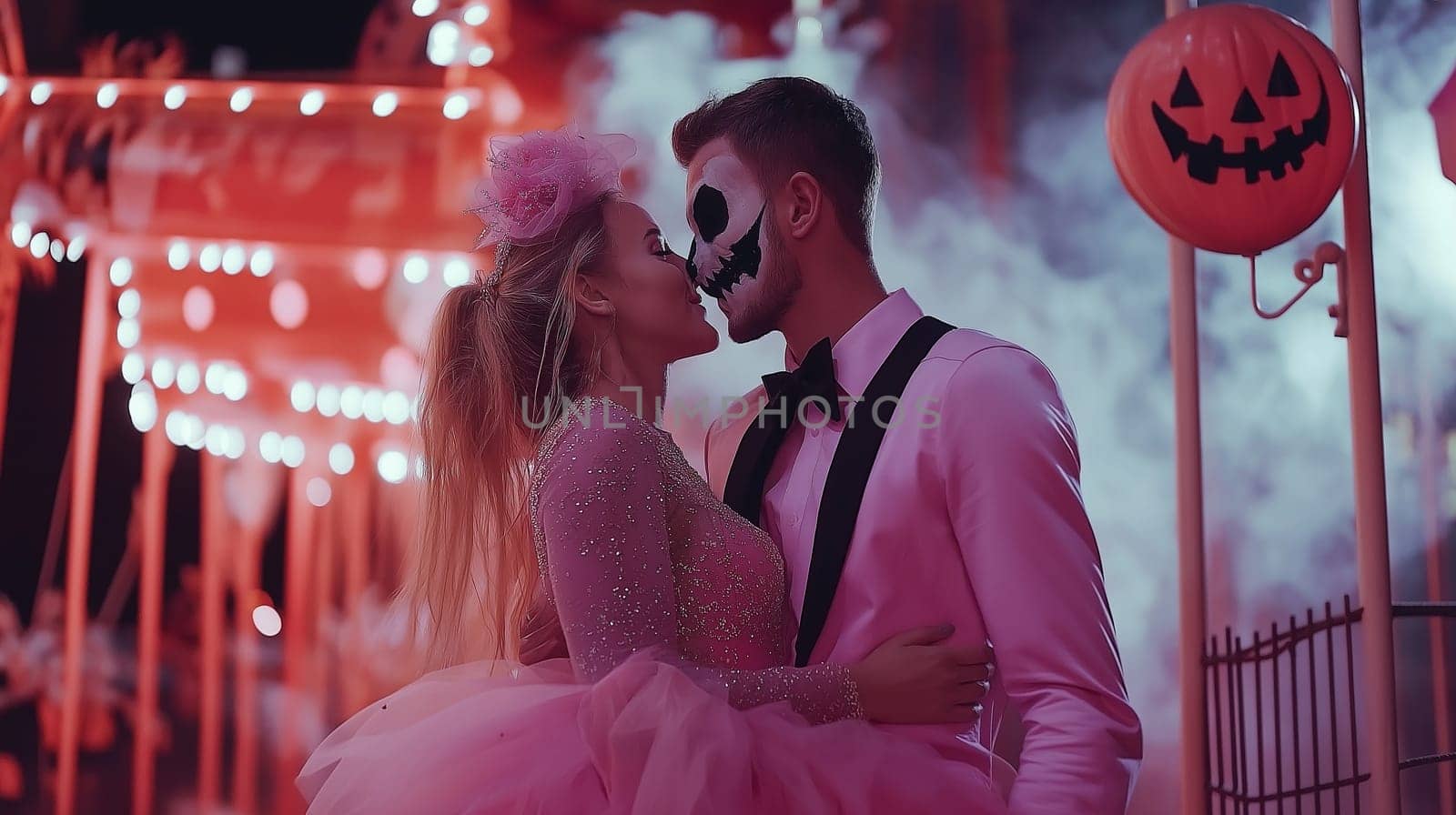 Handsome man in a hat and elegant woman in a dress in a classic interior. Halloween party carnival concept.