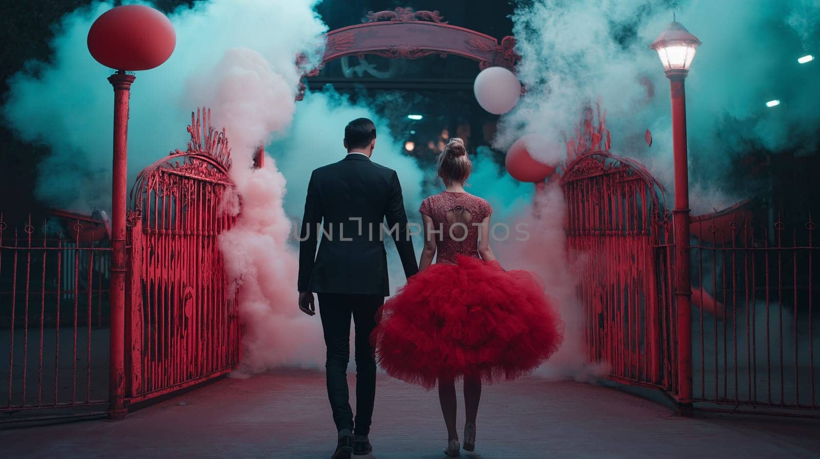 Handsome man and elegant woman in a dress in Inside the classic entrance archway . Halloween party carnival concept.