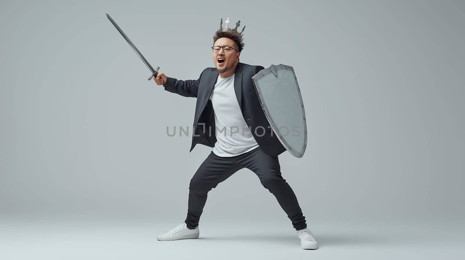 A businessman wearing a crown, holding a sword and shield, acting fierce, solemn, and brave like a warrior going to war. The idea is to dedicate oneself to overcome obstacles for success in business.
