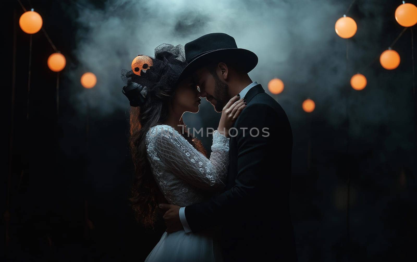 Handsome man in a hat and elegant woman in a dress in a classic interior. Halloween party carnival concept.
