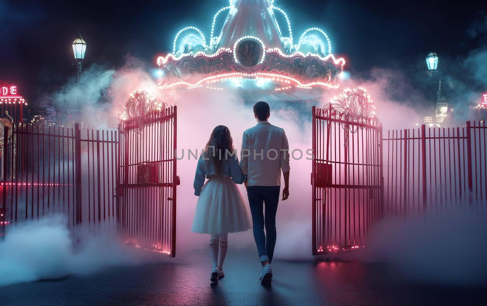 Handsome man in a hat and elegant woman in a dress in a classic interior. Halloween party carnival concept.
