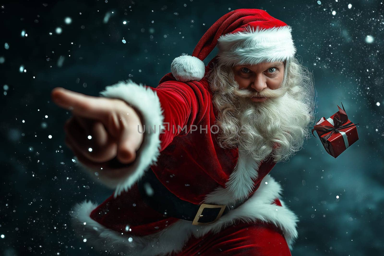 Fashion photo: Santa is riding a motorcycle scooter . Concept Delivery man dressed up to deliver on Christmas Day. Order online.