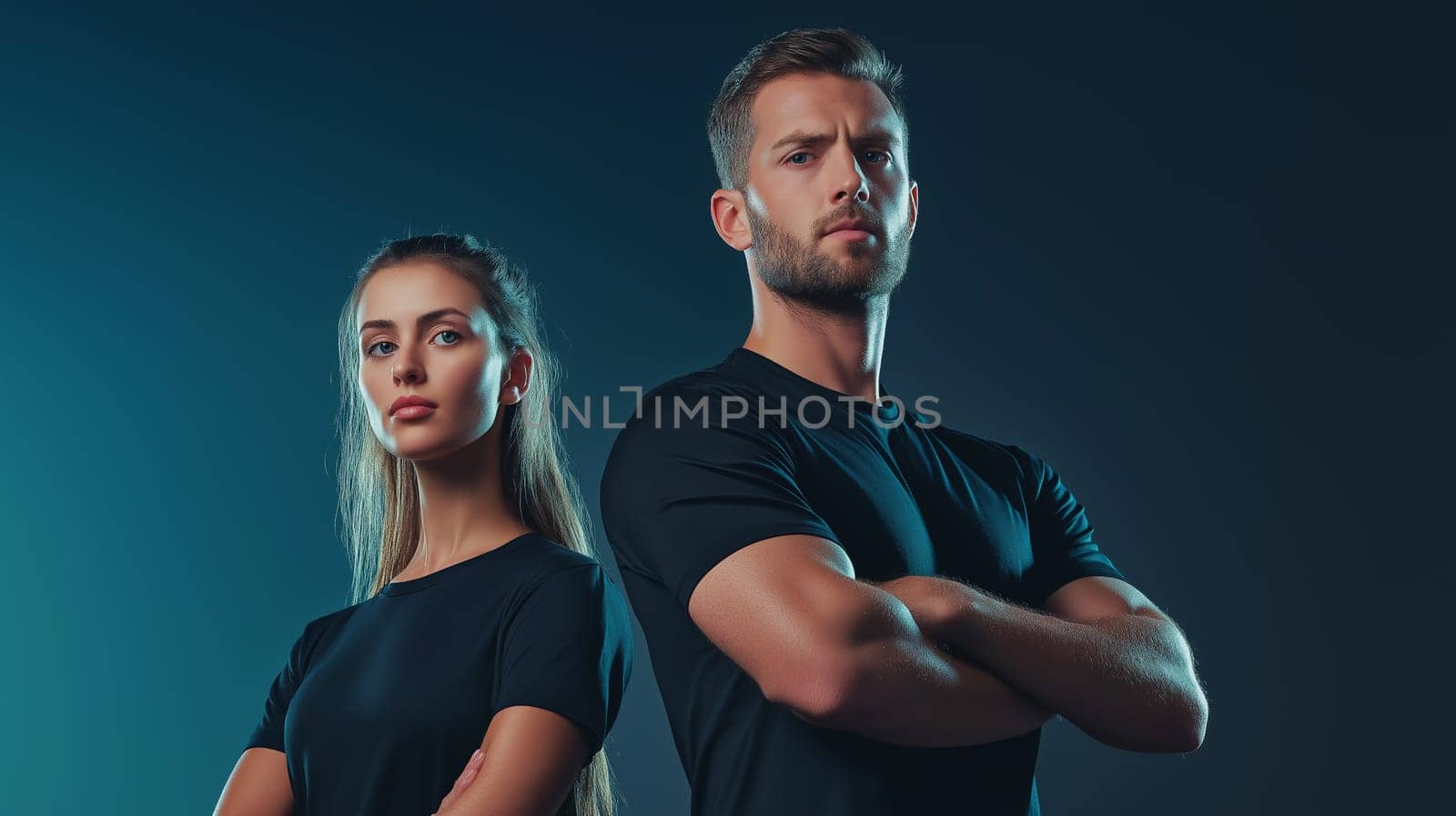 Fitness trainer, young muscular man, two female athletes, isolated on a plain yellow background. Sporty workout concept.