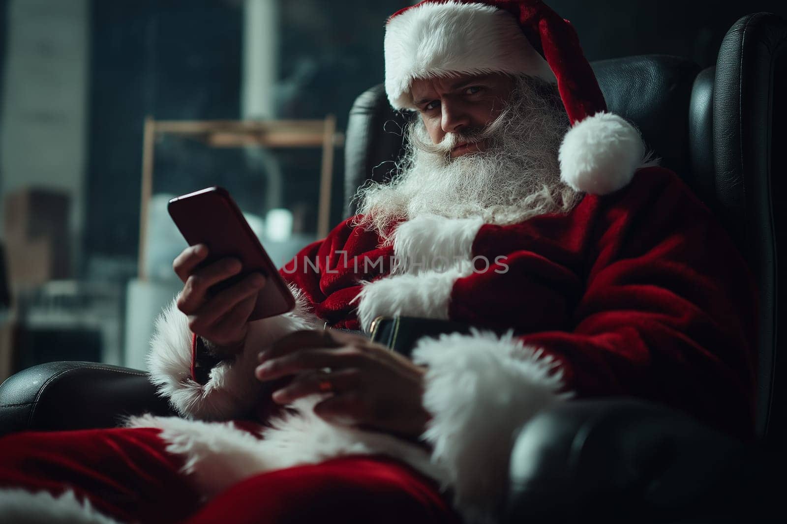 Fashion photo: Santa is Santa confirms mobile phone order online . Concept Delivery man dressed up to deliver on Christmas Day. Order online.