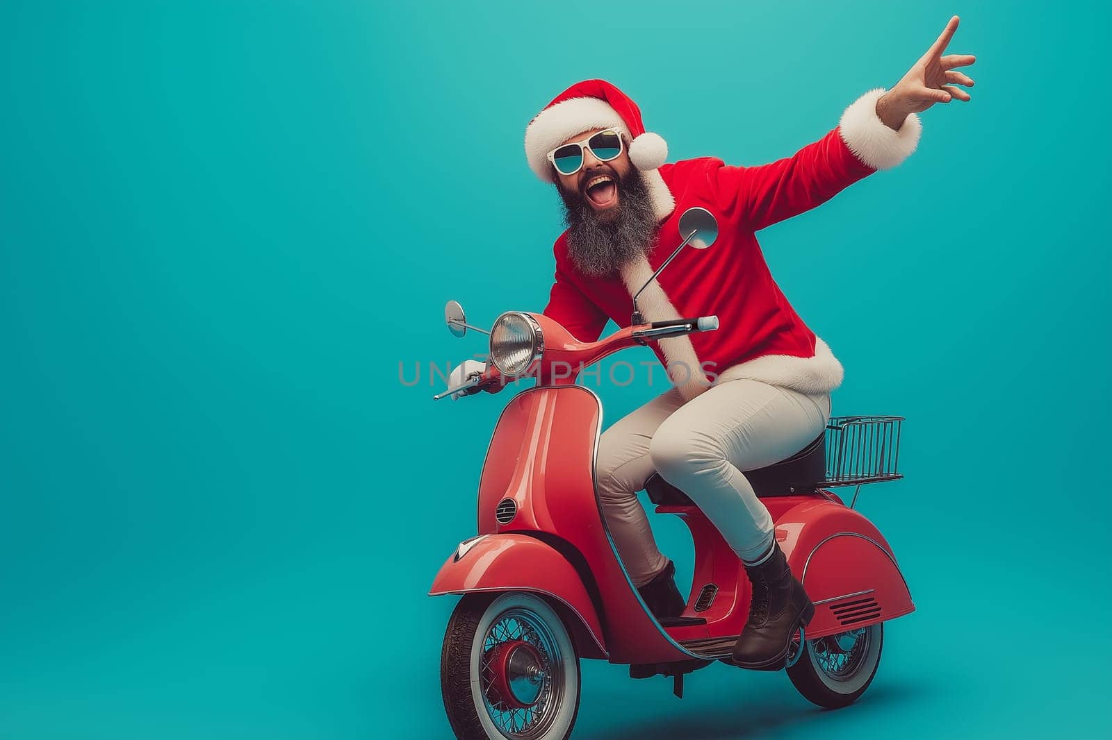 Fashion photo: Santa is riding a motorcycle scooter . Concept Delivery man dressed up to Ready Go Christmas Shopping  on Christmas Day.