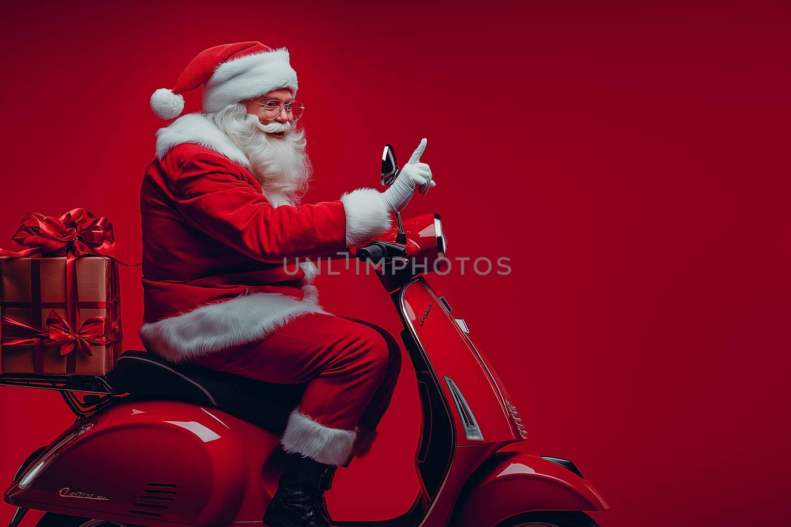 Fashion photo: Santa is riding a motorcycle scooter . Concept Delivery man dressed up to deliver on Christmas Day. Order online.
