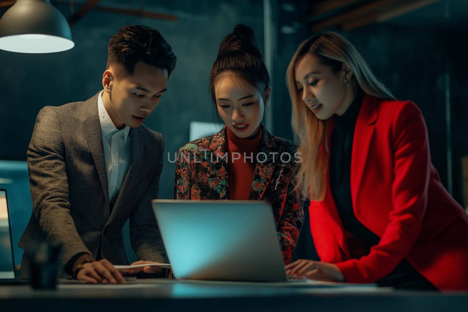 A diverse group of businesspeople discuss together in a modern workspace.