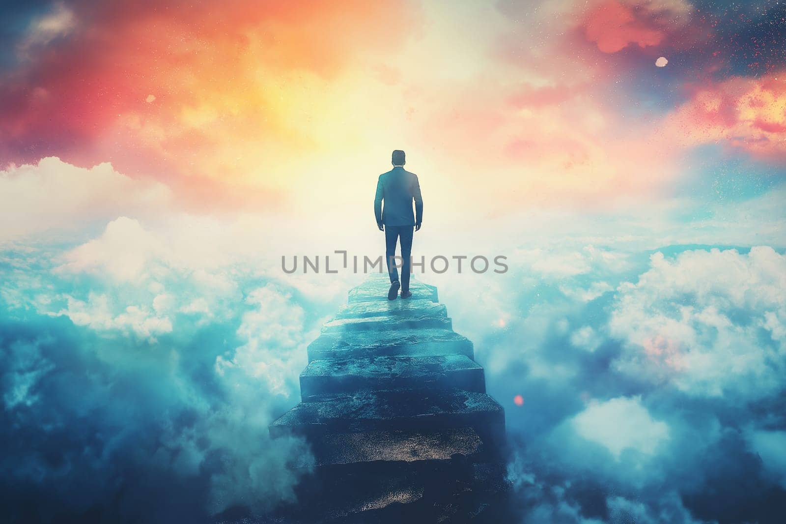 Businessman overcomes obstacles, climbs up top of peakstairs , organizes the ultimate, concept, success, perseverance , competition and leader