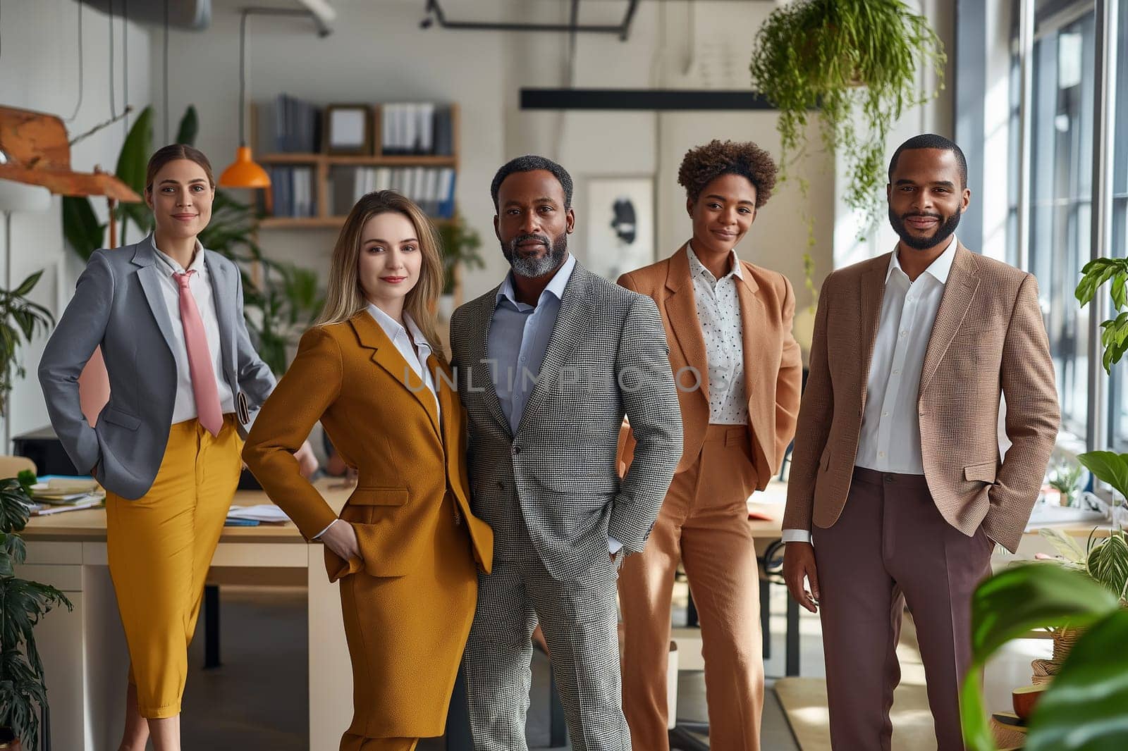 A diverse group of businesspeople discuss together in a modern workspace.