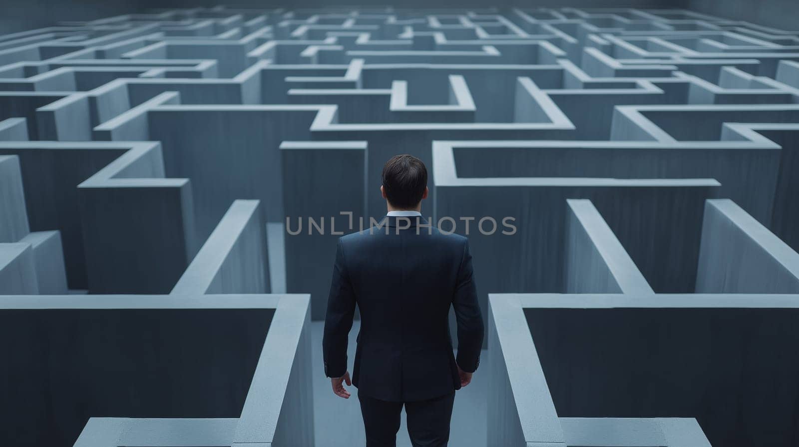 Young businessman contemplating how to navigate a maze of business obstacles. Isolated illustration on a white background.