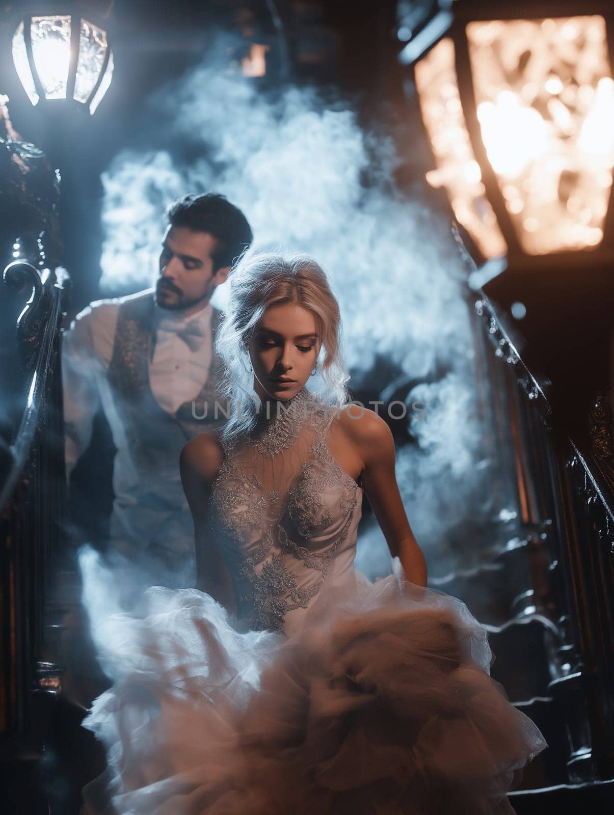 Handsome man and elegant woman in a dress in a classic interior. Halloween party carnival concept.