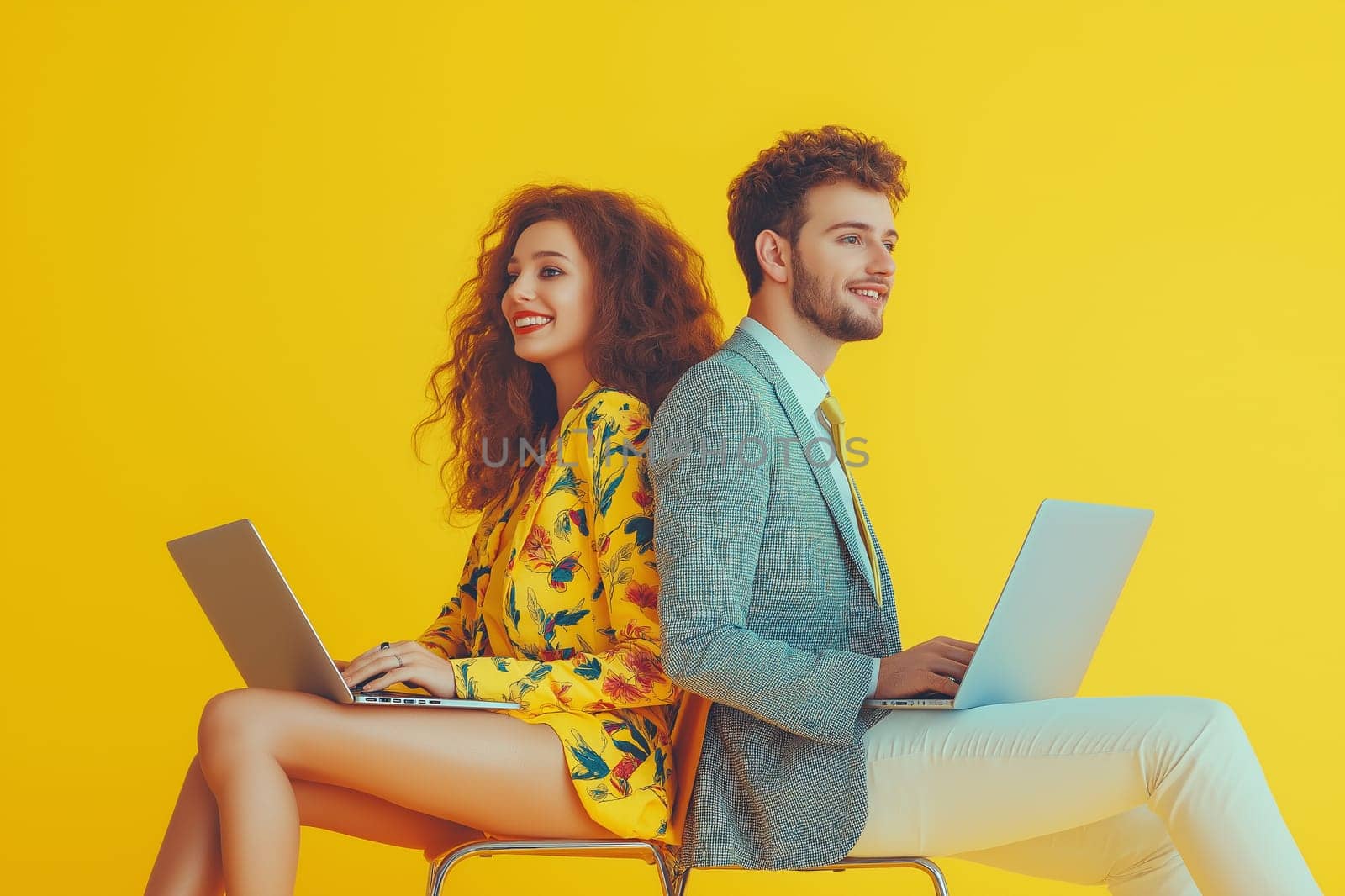 Happy business couple looking at a laptop use wireless netbook develop project
