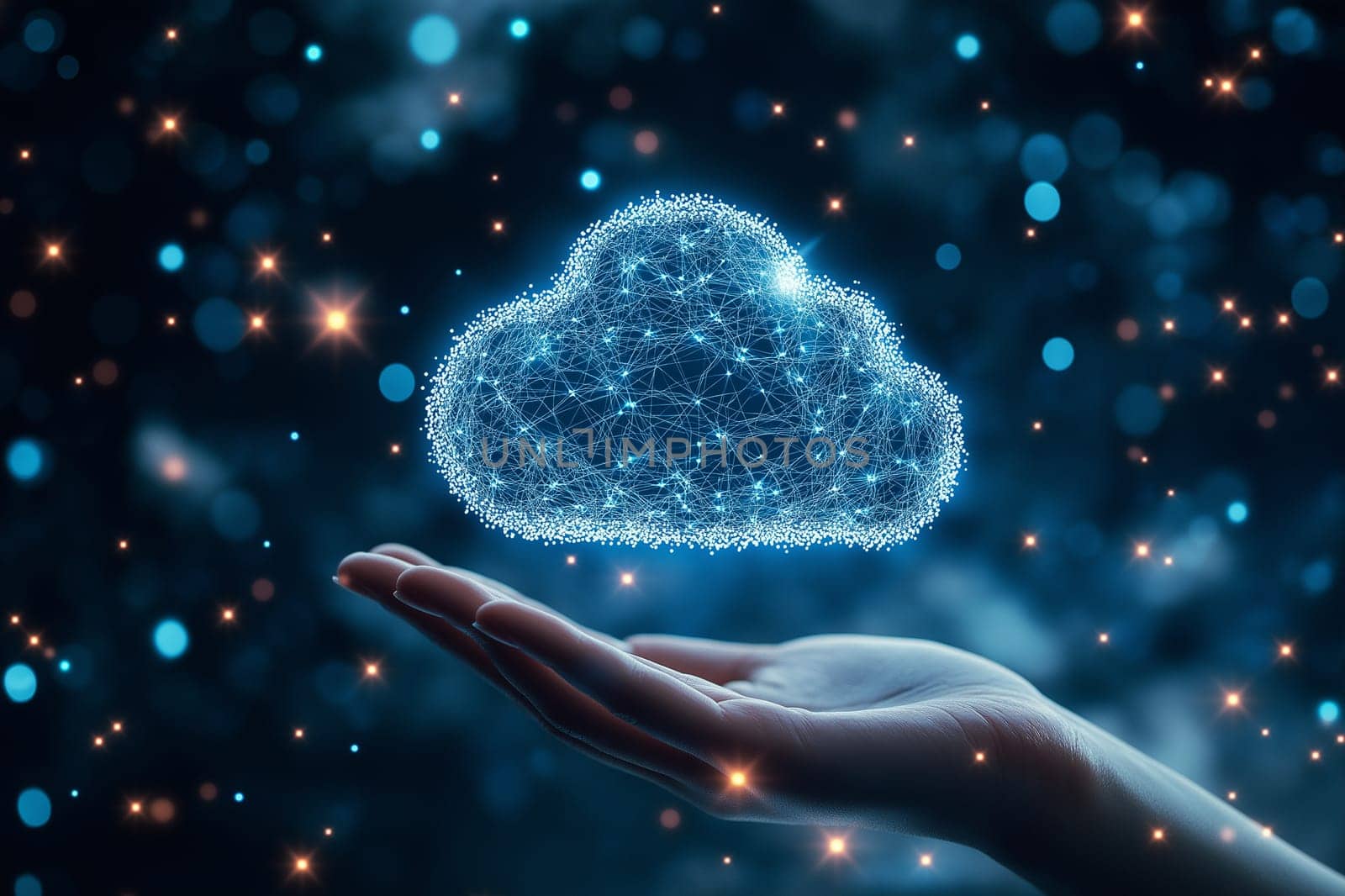 Businessman hand holding network using Currencies sign symbol interface of clound on blue background .