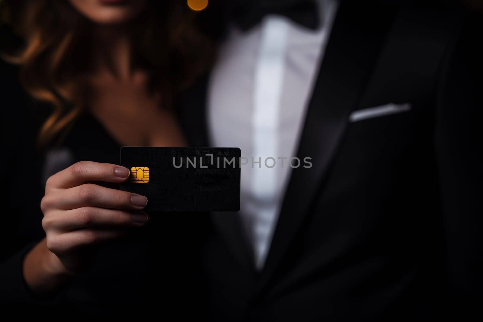 Featured fashion photo. Luxury studio shot. Certification or verification concept with the businessman holding black bank credit card